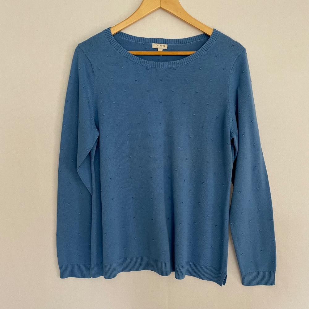 TALBOTS Medium Blue 100% Cotton Clip Dot Sweater Long Sleeve Crew Neck